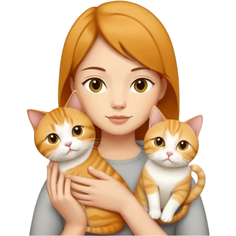 Straight short hair ear length in dark brown , skin tone honey . holding 3 cats - 1 ginger cat , 1yellow white cat , 1 cream color cat British short hair same size  emoji
