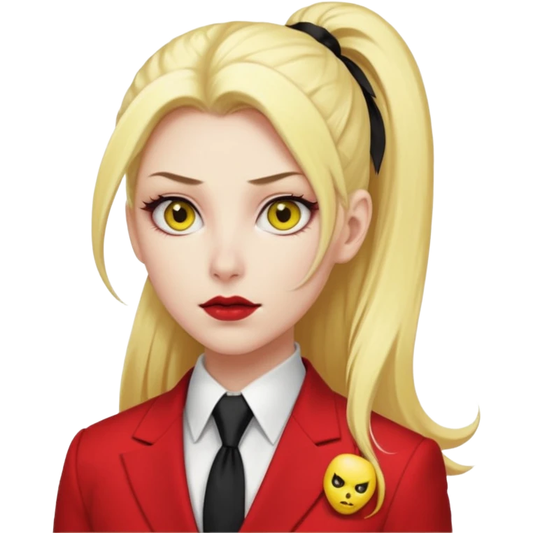Woman with porcelain white skin, thick blonde hair that's in a thick, long ponytail, has a black nose, yellow scleras, red pupils, and a red suit with a black tie. Demon emoji