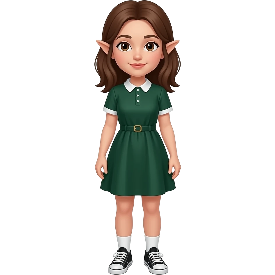 A white/fair skinned woman with brown hair, brown eyes and pointy ears, and wearing a dark green dress with white socks and black sneakers. emoji