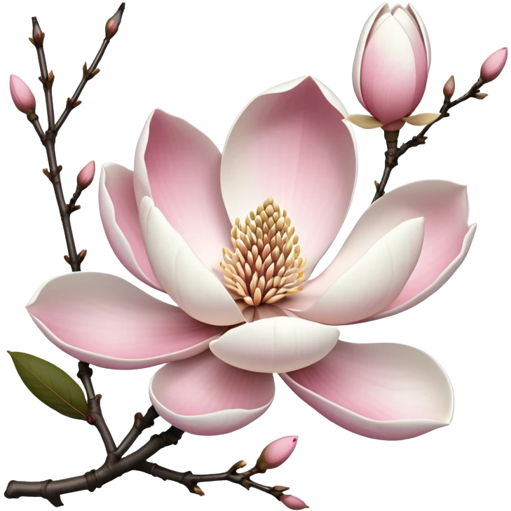 Japanese style Magnolia kobus (kobushi) flower in ukiyo-e inspired design, elegant white petals with subtle pink tinge, bare branches, traditional composition like Japanese woodblock prints emoji
