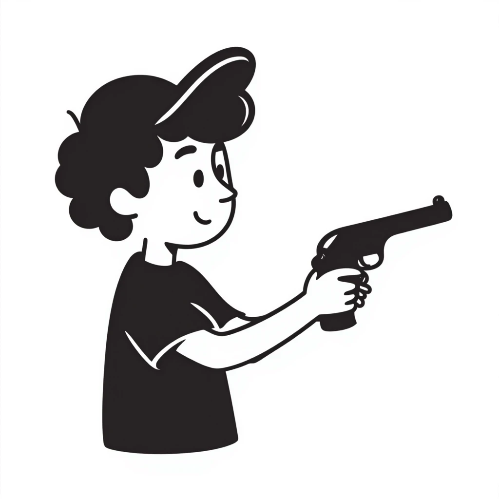 little white kid with a sideways cap, holding a toy gun, friendly expression emoji