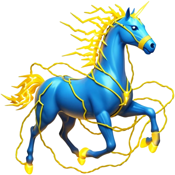 3D yellow electric horse made of lightning bolts, yellow electric wires, blue electricity sparks, dynamic running pose emoji