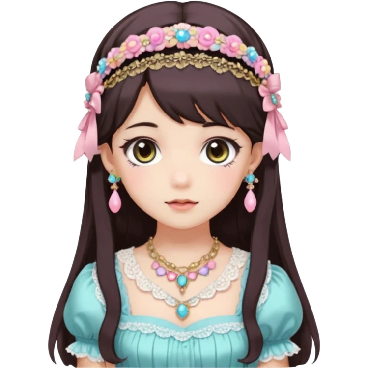 Gorgeous spectacular epic realistic mature anime-styled smooth soft shiny romantic pastel anime style lady with blushing cheeks, with a lace-maiden-headband, long beautiful luscious stylish hair, big pretty eyes, dark-brown hair, colorful pastel Lolita dress, necklaces, jewels emoji