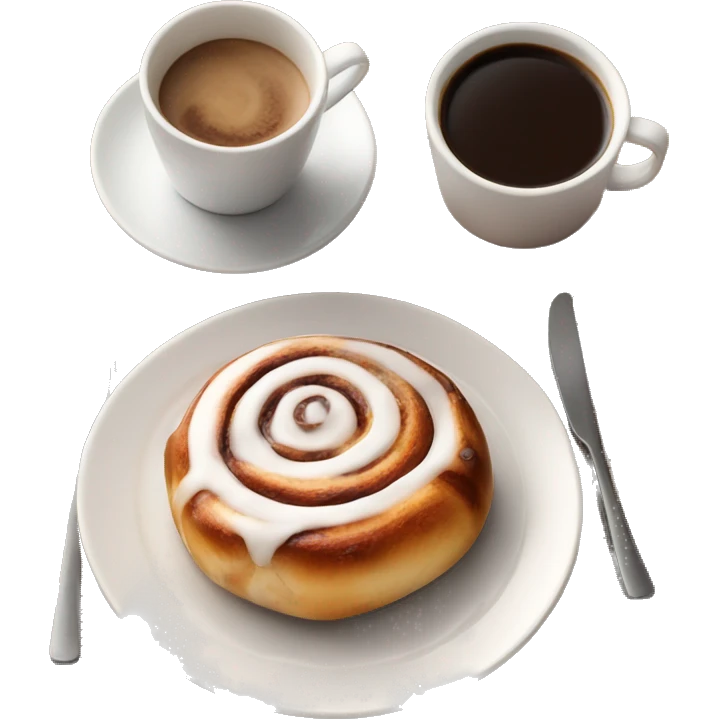 Cinnamon Roll on a plate next to a cup of coffee emoji
