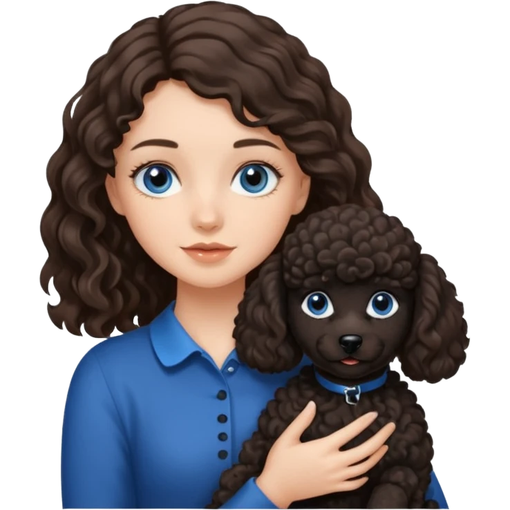 Brunette girl with long wavy hair and blue eyes holding one black puppy poodle with brown eyes. No decoration on the dog.  emoji