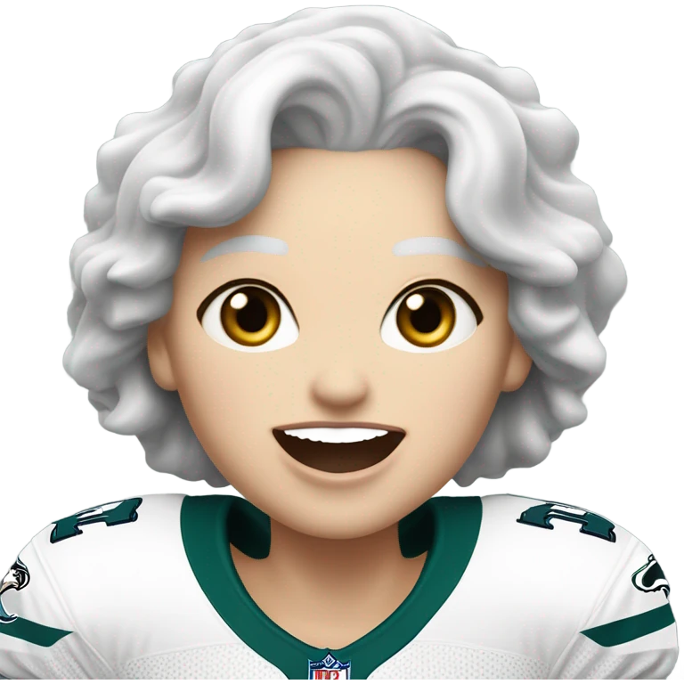 White female older female light skin light lips white hair short hair wavy hair blue-green eyes wearing Philadelphia eagles jersey cheering emoji