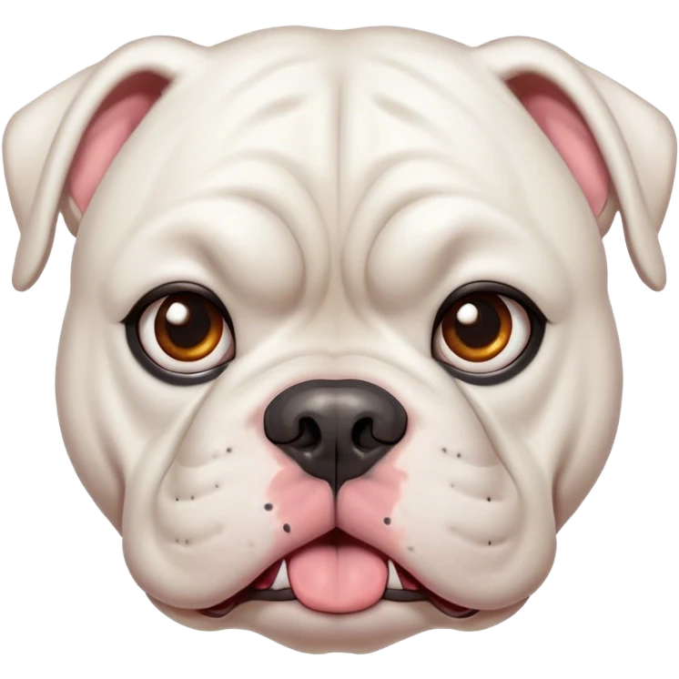 Cinematic Comical White American Bulldog Portrait Emoji, Head tilted dramatically with an exaggeratedly shocked or offended expression, short white fur with a slightly wrinkled forehead, wide, expressive brown eyes filled with exaggerated disbelief, Simplified yet hilariously expressive features, highly detailed, glowing with a slightly sassy glow, high shine, dramatic yet playful, stylized with an air of attitude, bright and endearing, soft glowing outline, capturing the essence of a sassy and over-the-top pup, so meme-worthy it feels like it could side-eye its way into internet fame instantly! emoji