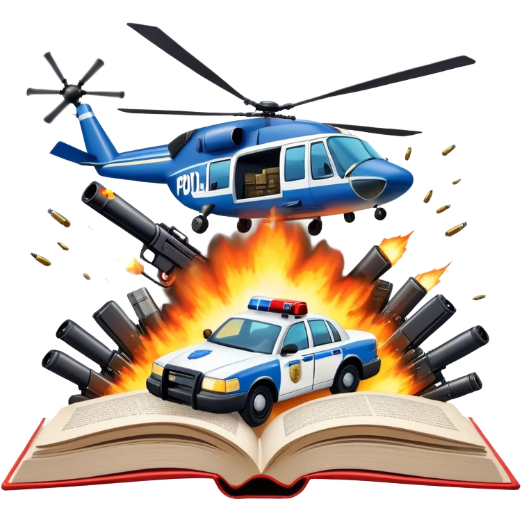 Icon for Action & Crime Reading: an open book with text, from which a police car is driving out along the pages, with explosions behind, a helicopter flying overhead, and a pistol with ammo and grenades in front. Transparent background. emoji