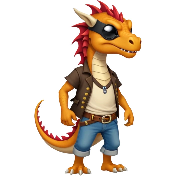 friendly anthropomorphised dragon in a band t-shirt and jeans wearing a pirate eye-patch walking upright emoji
