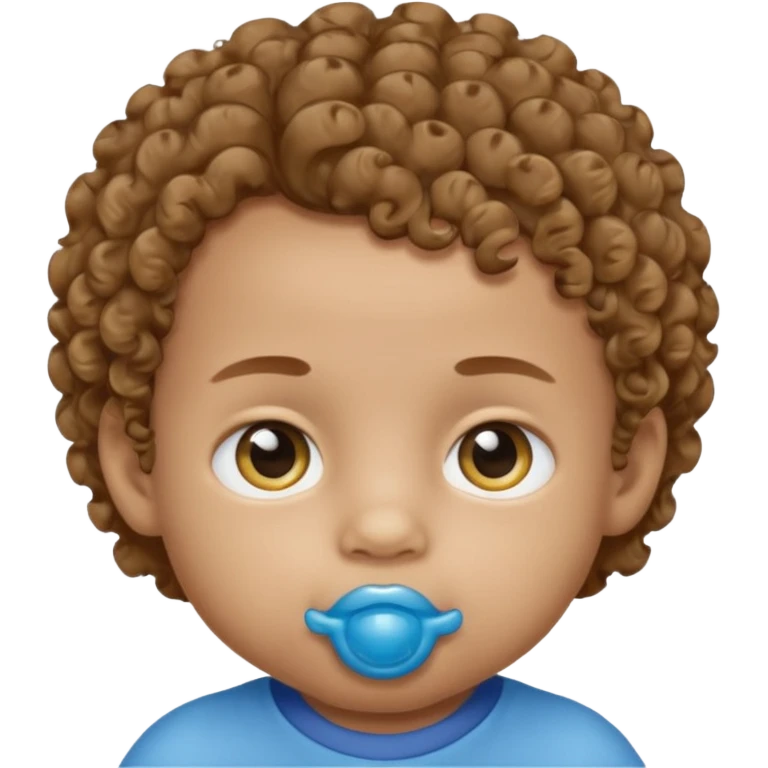 A boy baby with light brown skin, soft curly light-brown hair, wide brown eyes, and a blue-yellow pacifier.  emoji