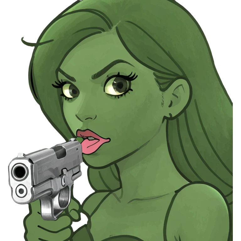 A girl with long eyelashes like an emoji with a hand holding a gun in her mouth ￼ emoji
