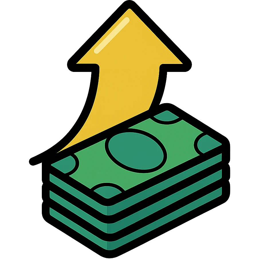 shiny gold arrow pointing upward with a pile of green bills, energetic, modern look, icon style emoji