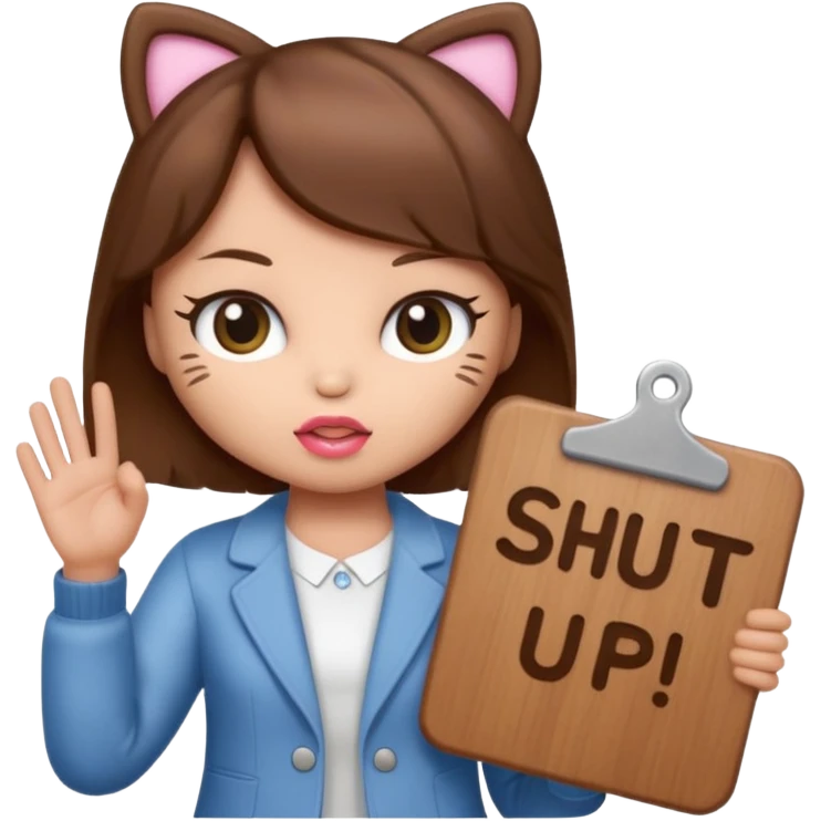 Hello Kitty has brown hair holding a board that says "Shut up" emoji