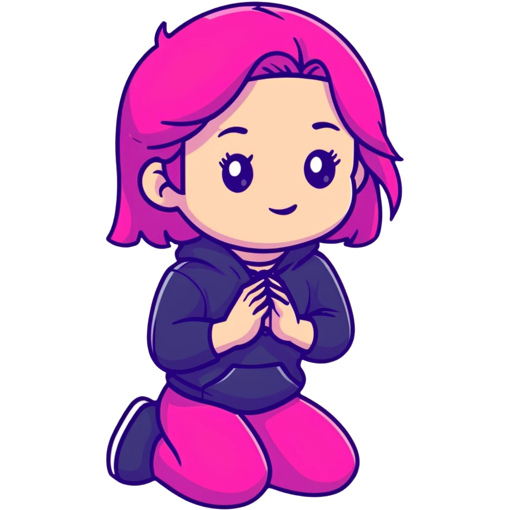 Girl kneeling in playful pose, transparent glass style, bright pink gradient, with shadows and highlights, minimalist design emoji