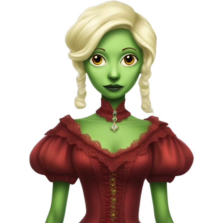 "galora green blonde alien woman" in red Victorian dress red elegant, full body emoji