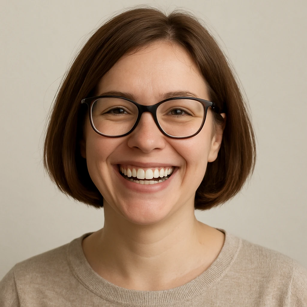 smiling white woman, brown bobbed hair, glasses, cheerful, minimal background emoji