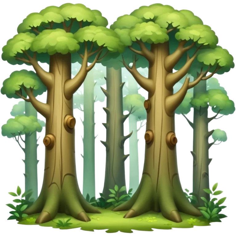 A dense woodland scene with overlapping trunks and misty atmosphere. emoji