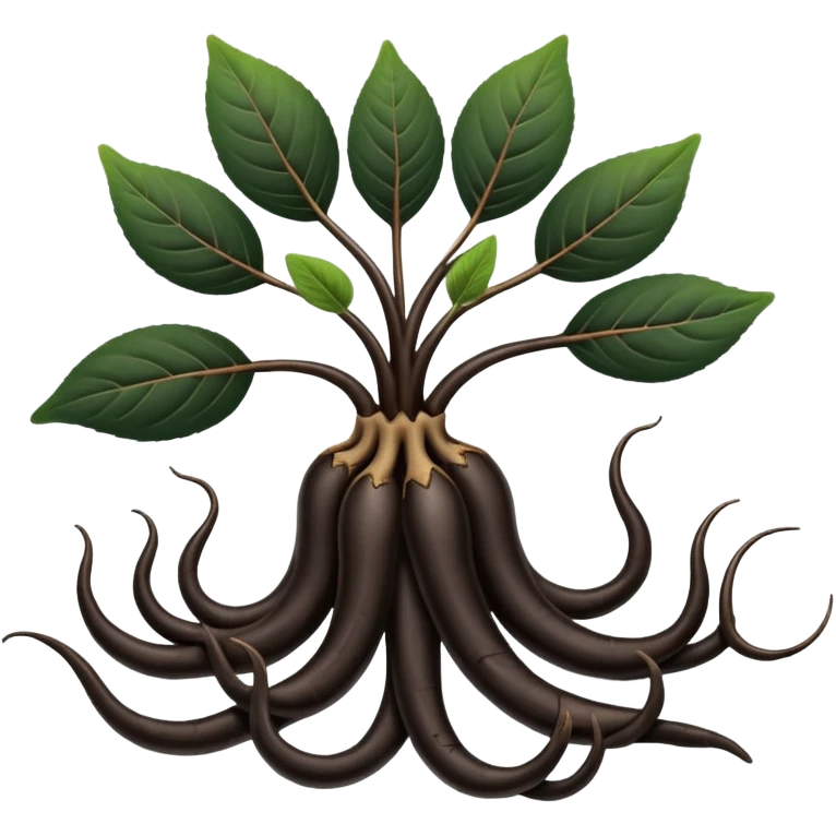 A beautifully arranged black ginseng root (heuksam), in Apple iPhone emoji style. Dark brown-black glossy color, subtle texture on the root, elegant curves, vibrant but natural tones, smooth gradients, clean simple shapes, no outlines, slight 3D depth.
 emoji