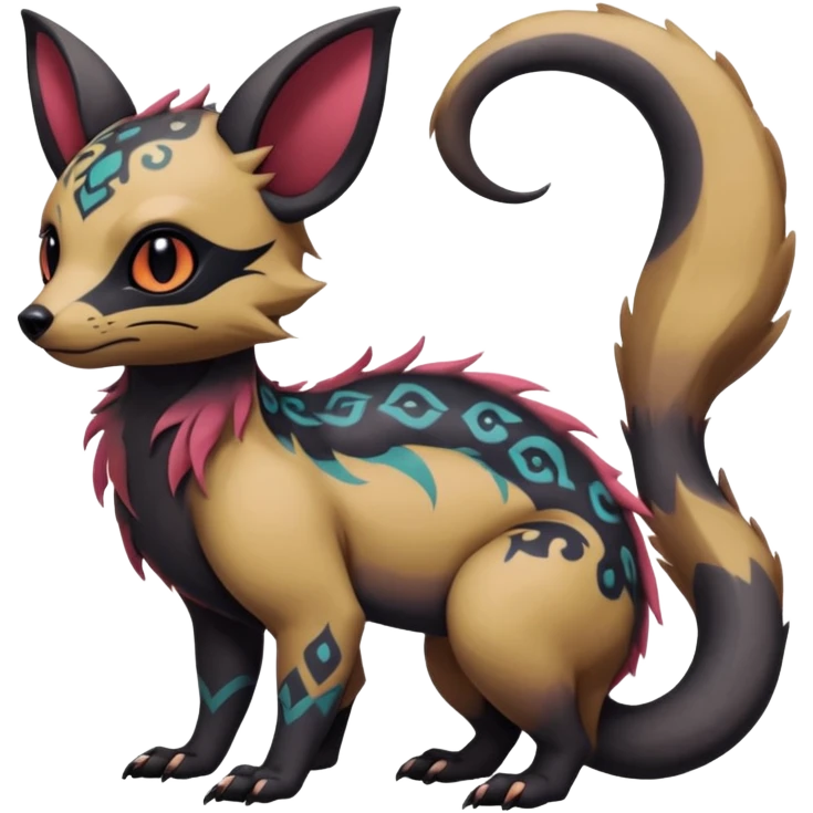 Rare warm-colored gloomy spooky exotic cute epic aesthetic gothic colorful Salandit-Eevee-Civet-species-Fakemon-hybrid-creature, with intricate tattoo markings, full body emoji