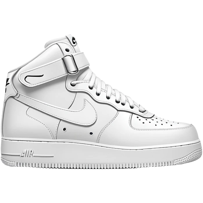 Pair of white Nike Air Force 1 sneakers, one showing the side profile and one showing the front emoji