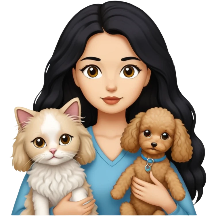 Lady with long black hair, with Ragdoll cat and small poodle  emoji