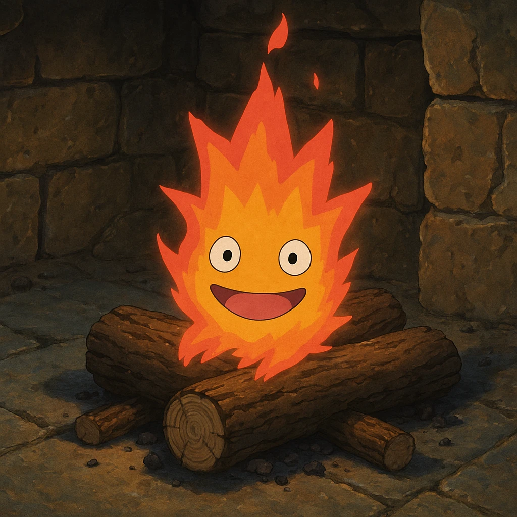 Ghibli-style Calcifer from Howl's Moving Castle, a magical, star-like fire spirit with a warm, friendly face and vibrant flames emoji