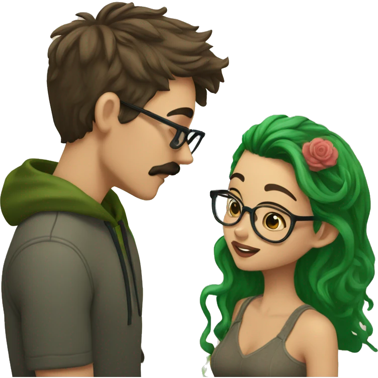 A heavy set boy with brown hair and a mustache is kissing a green haired girl who is thin and wearing glasses both have tattoos emoji