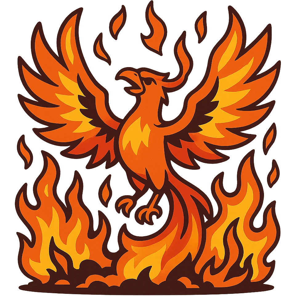 a powerful phoenix rising from ashes, intense flames, dynamic movement emoji
