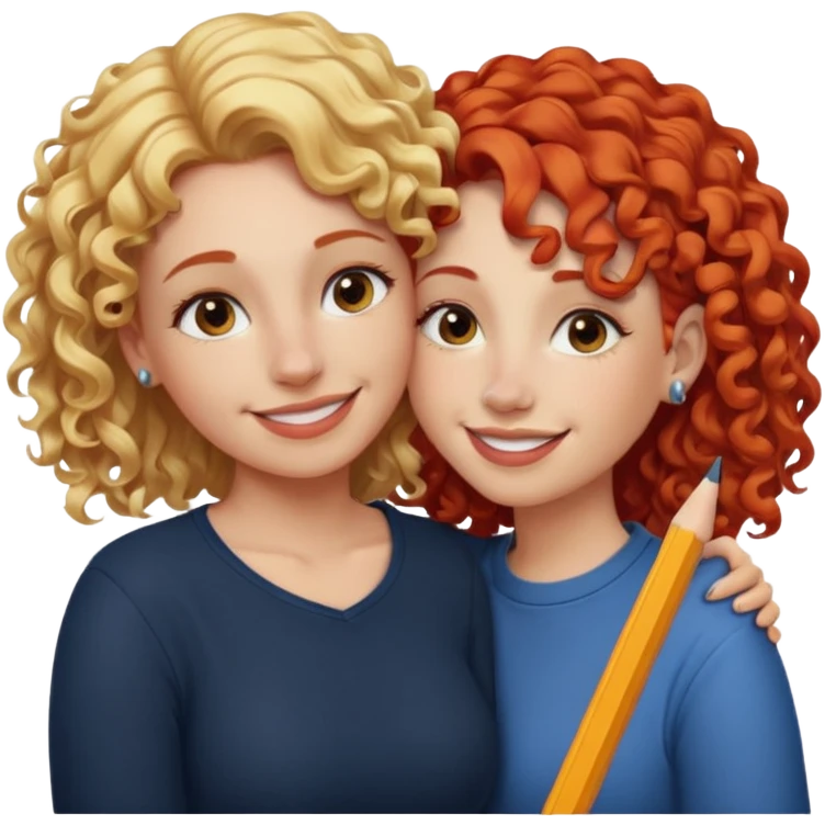 A woman with pencil straight, blonde hair and a nose piercing and a woman with curly red hair and a nose piercing are hugging and smiling together. emoji