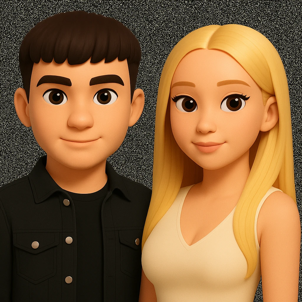 Slightly increase the volume of the upper body of the girl, significantly spread them apart from each other, make the skin color the same for both characters, while preserving the cartoonish 3D style as seen in the reference image. emoji