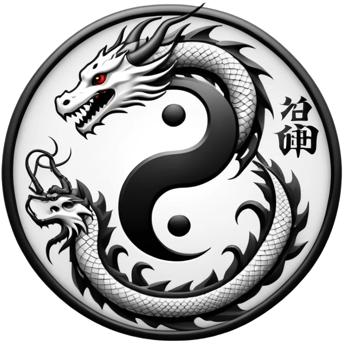An icon symbolizing Eastern martial arts in the style of an emblem, featuring a black-and-white Yin-Yang symbol and a dragon at the center, surrounded by elements like a dojo. Transparent background highlights balance and power. emoji
