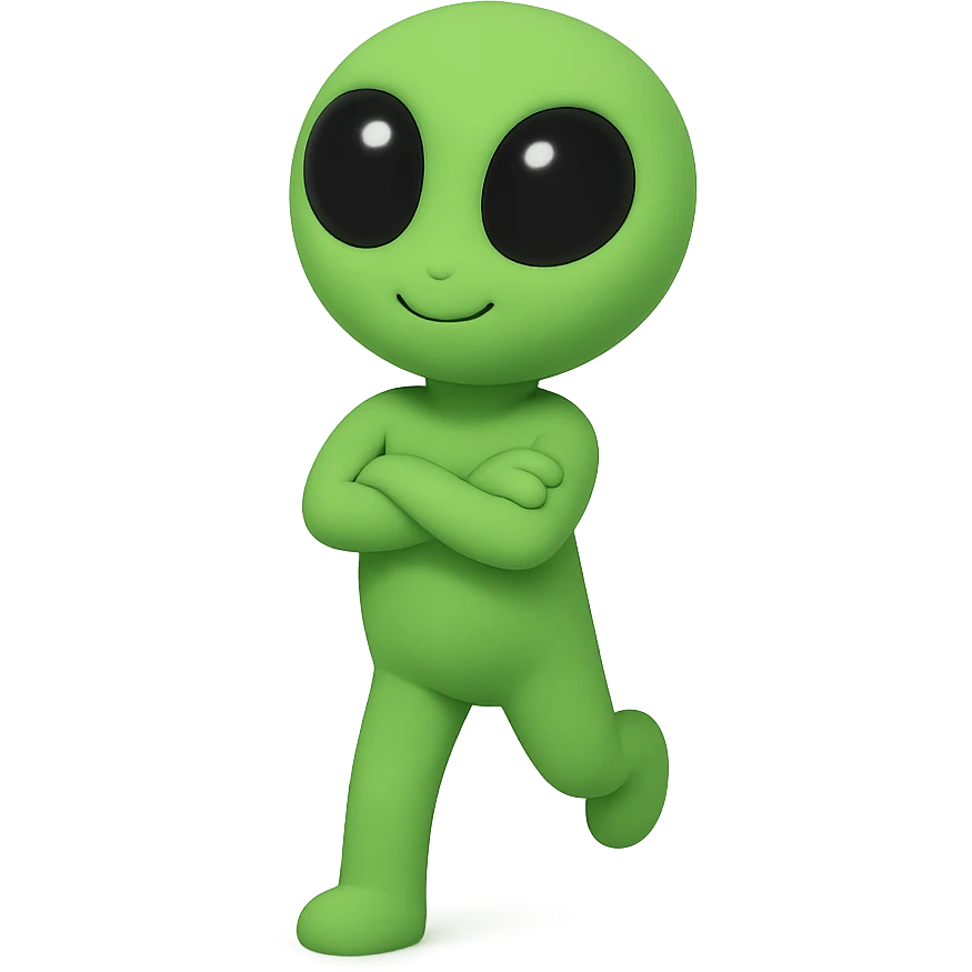 An alien dancing in neon green, almost identical to the reference image, with arms crossed and a slightly changed pose for animation frame 8. PNG with transparent background. emoji
