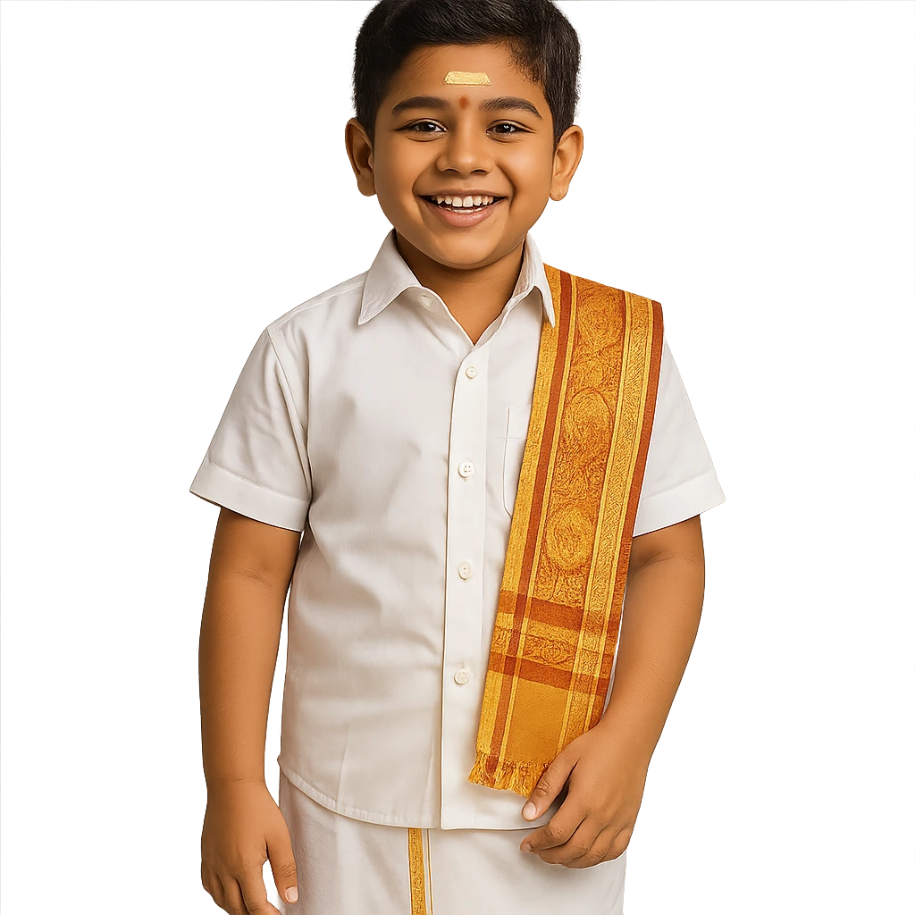 A cheerful Tamil boy wearing traditional cultural attire, including a white veshti (dhoti) and shirt, with a decorative angavastram draped over the shoulder, and a sandalwood mark on his forehead. emoji
