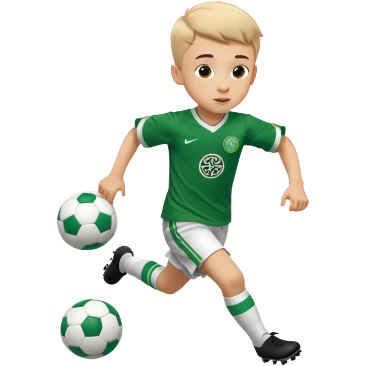 6 years old boy footballer running playing soccer wearing celtic footballer uniform ( jersey) # 17 in the jersey !  emoji
