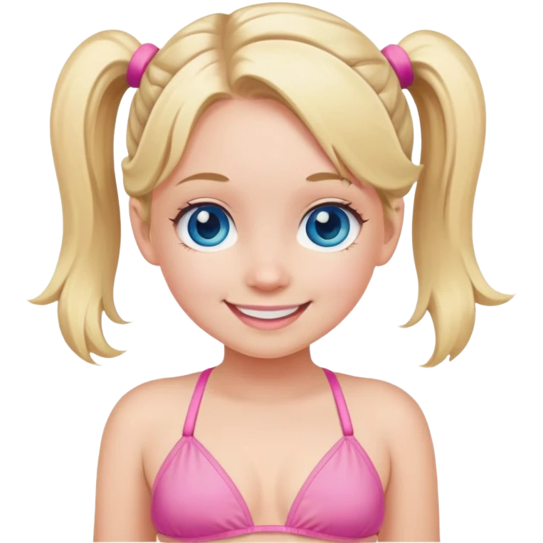 Blonde girl with pigtails, blue eyes, wearing a pink bikini, smiling emoji