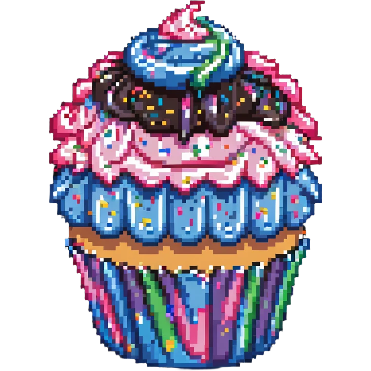 large cupcake with pink frosting covered in rainbow sprinkles in pixel art style emoji