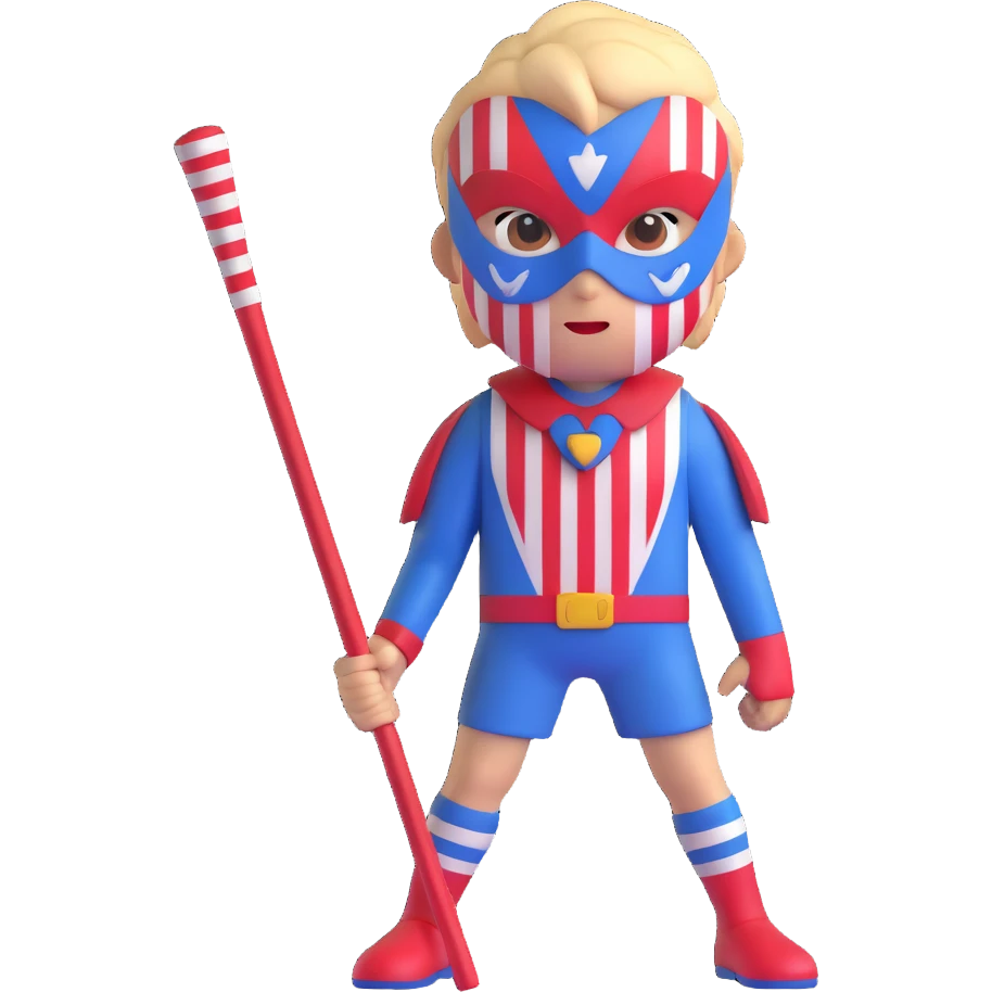 savage boy emoji with fierce look, mask with red, white, and blue stripes, gripping a sharp stick, representing Roger from Lord of the Flies emoji