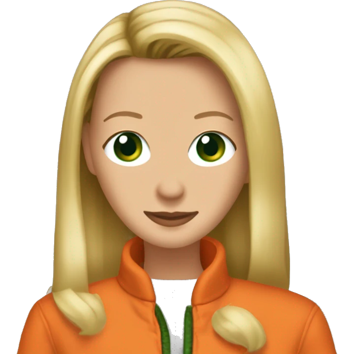 Phoebe Buffay from Friends with green eyes wearing an orange jacket emoji