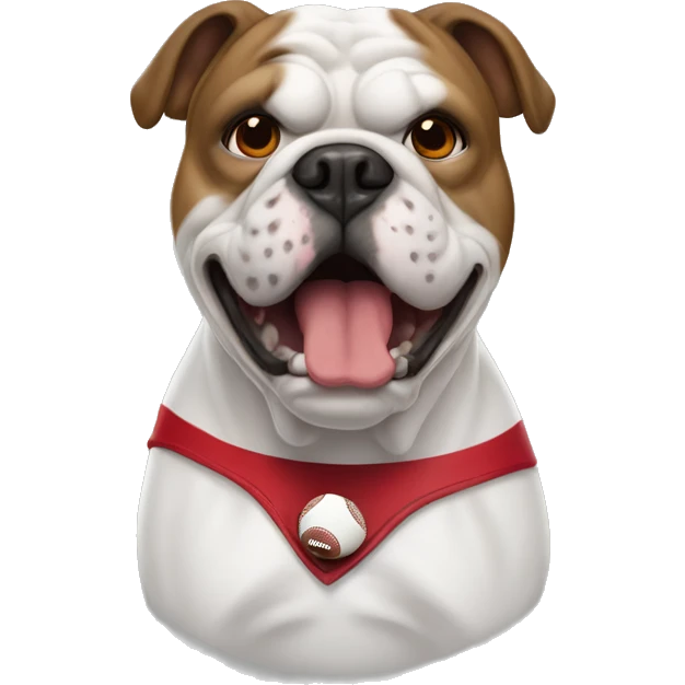 white Georgia bulldog with a football and a red collar  emoji