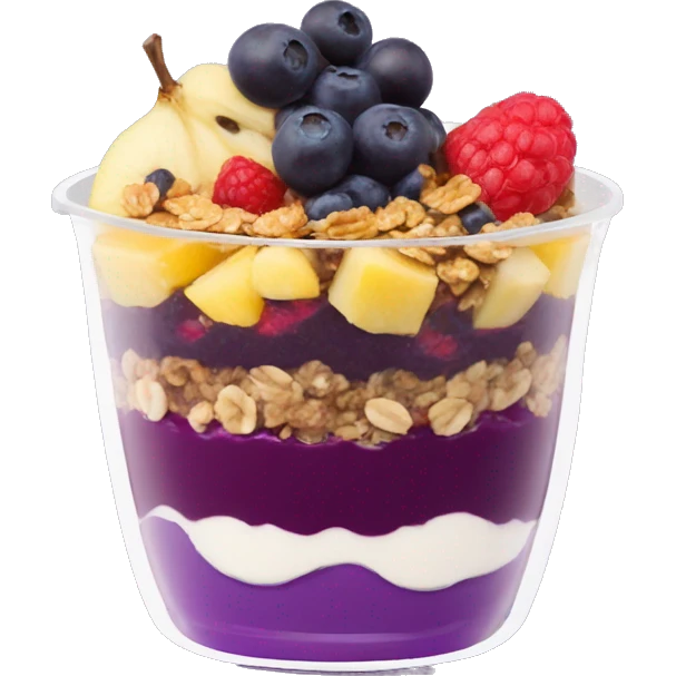 Açaí in a clear cup with layers of fruits and granola and condensed milk emoji