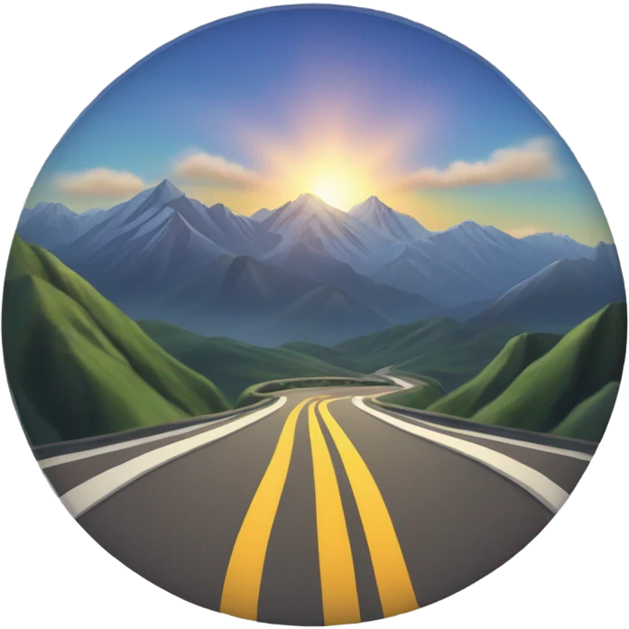 A vehicle on an unfamiliar road, with mountains in the background and the sun rising emoji
