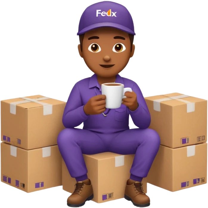 emoji of FedEx delivery man is sipping coffee while sitting on the boxes emoji