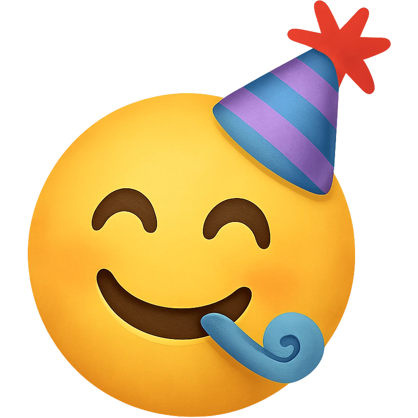 yellow face with party hat emoji, digital illustration, no background emoji
