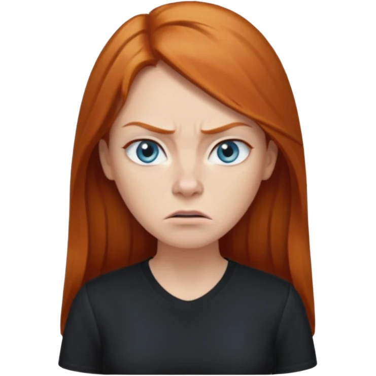 Ginger head woman with long hair and lightblue eyes, straight nose, almond eyes, black shirt. She is angry  emoji