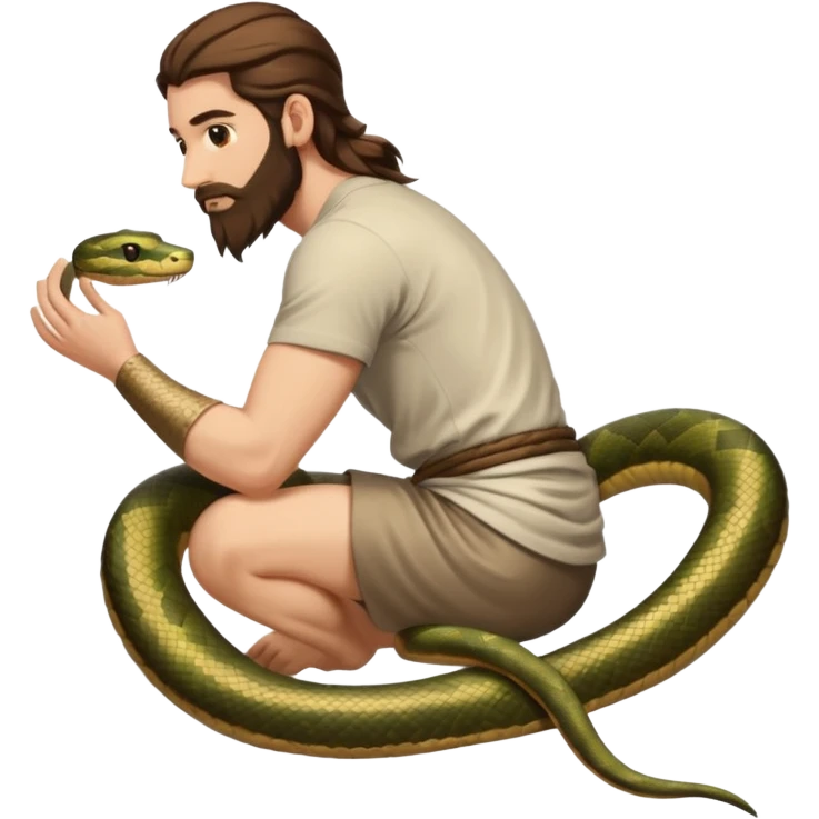 full body man long brown hair brown eyes medium beard white skin seen from behind, snake wrapped around arm and back emoji