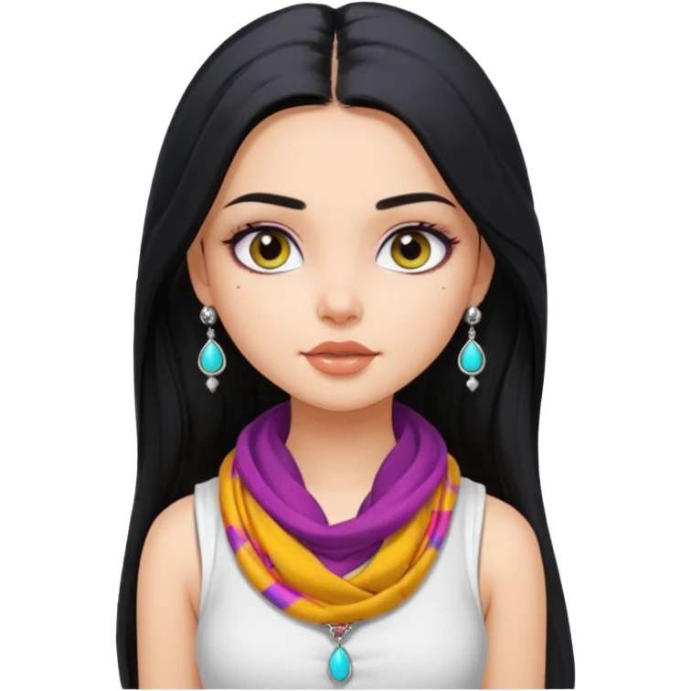 a pretty bratz girl with long black hair, kajal under eyes, small silver jhumkas. White tank top on. Colourful scarf around neck emoji