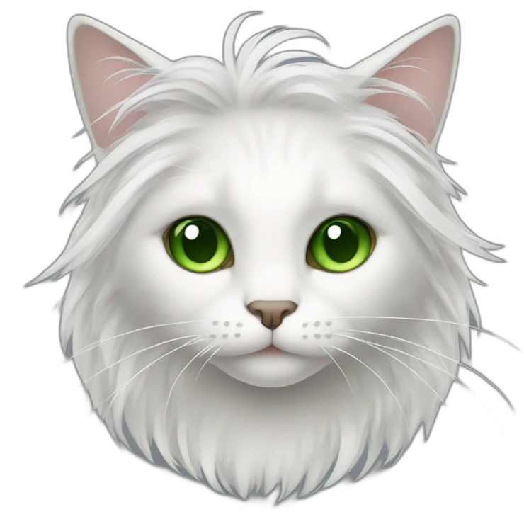 cat with white hair and gray highlights, green eyes, longhair emoji