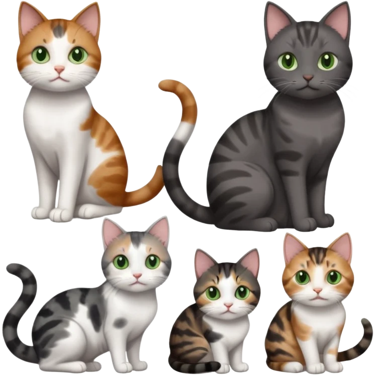 6 different coloured small cats including a dark grey and white, and a patchy calico, and a brown tabby and white,  and a completely solid dark grey with green eyes and only white paws emoji