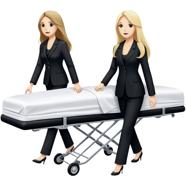 Two woman with long hair. One is brunette and one is blond. They have black pants suits on. And they are pushing a funeral stretcher in to a black Mercedes Vito funeral car. On the stretcher is a body covered in white sheets  emoji