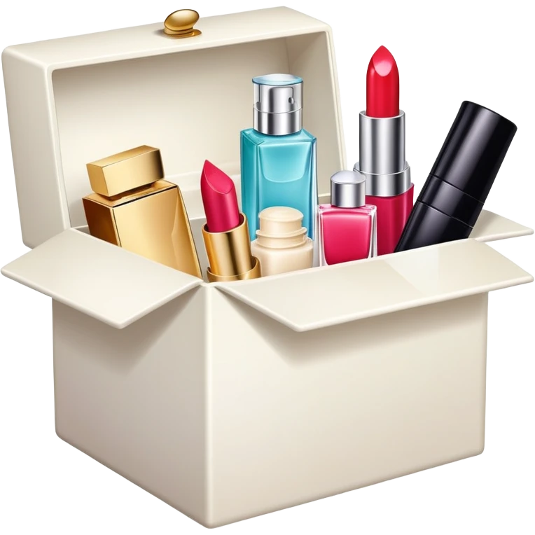 an open box overflowing with beauty products, including lipstick, face cream, and a perfume bottle emoji